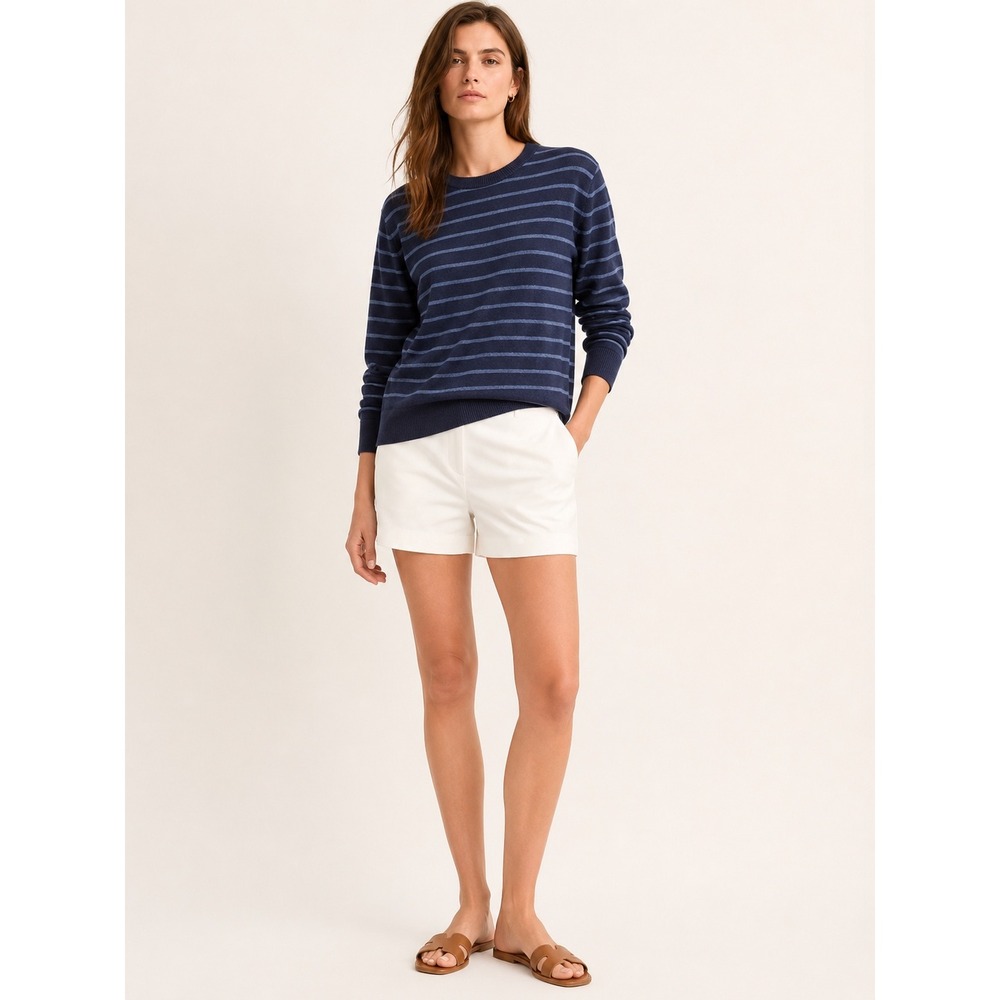 Banana Republic Womens Merino Wool Striped Sweater‎ M Preppy Navy Blue Crewneck